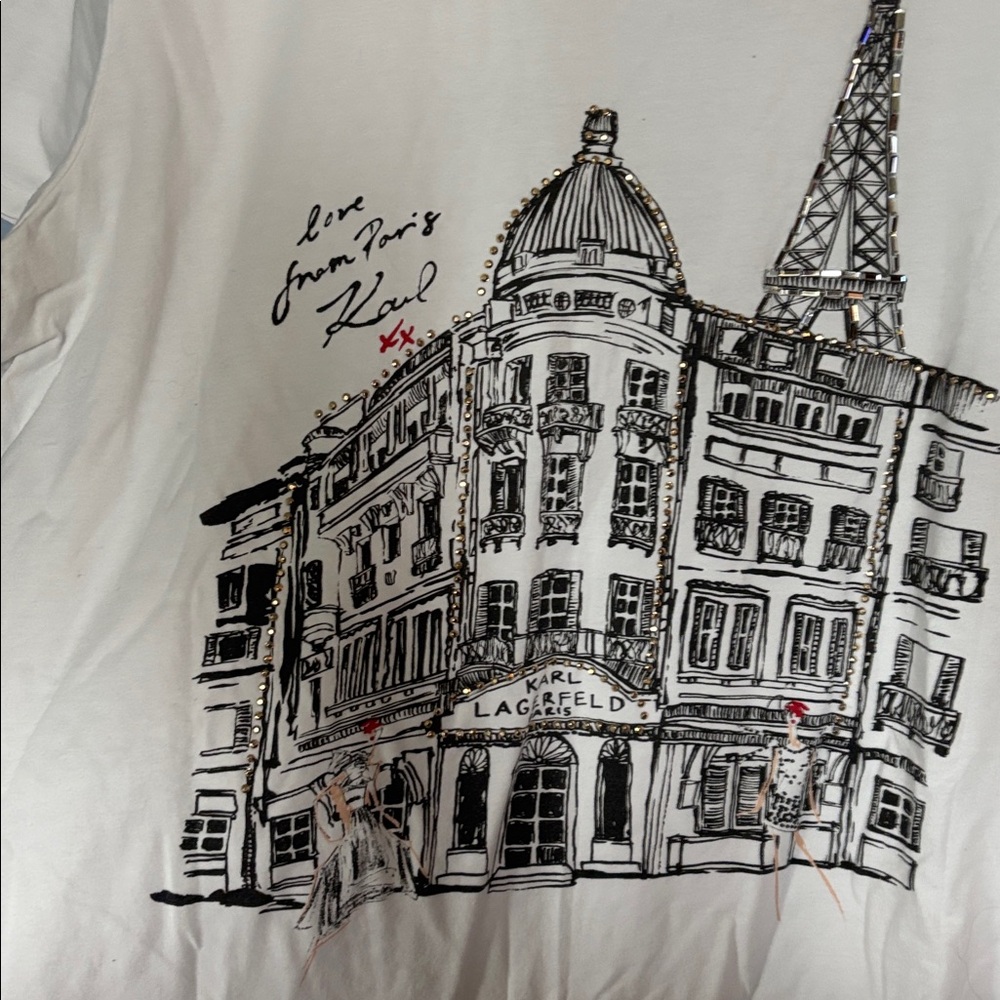 KARL LAGERFELD Love From Paris graphic t-shirt with sequins. Size large - Picture 3 of 7